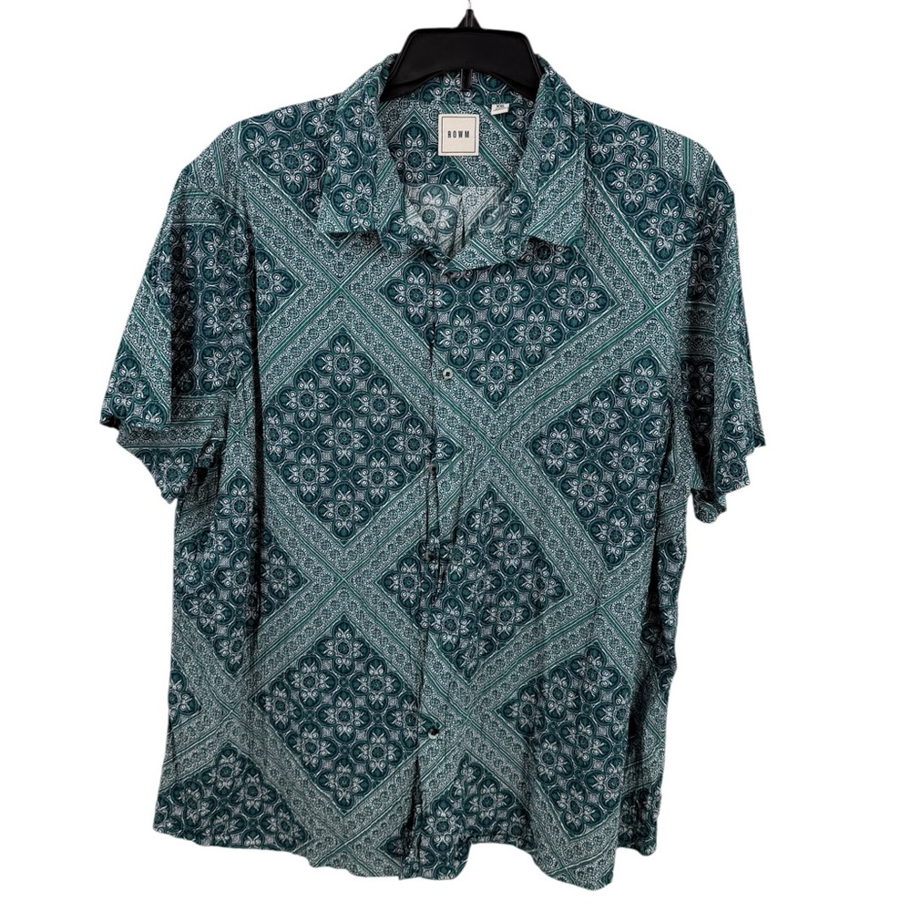 ROWM Mens Short Sleeve Bandana Print Button Down Shirt Size XXL Green